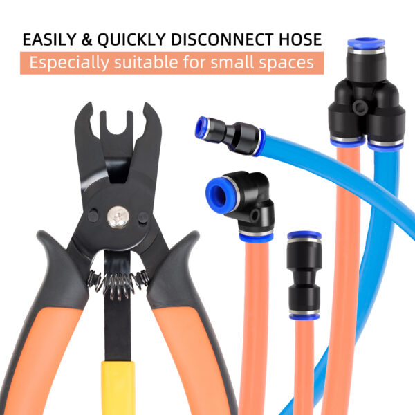 Push to Connect Fittings Air Line Disconnect Tool Kit Push Fitting Removal Tool for 1/4”, 5/16”, 3/8”, 1/2” (6mm, 8mm,10mm,12mm) Quick Connect Release Pliers with 15 Pcs Pneumatic Fittings